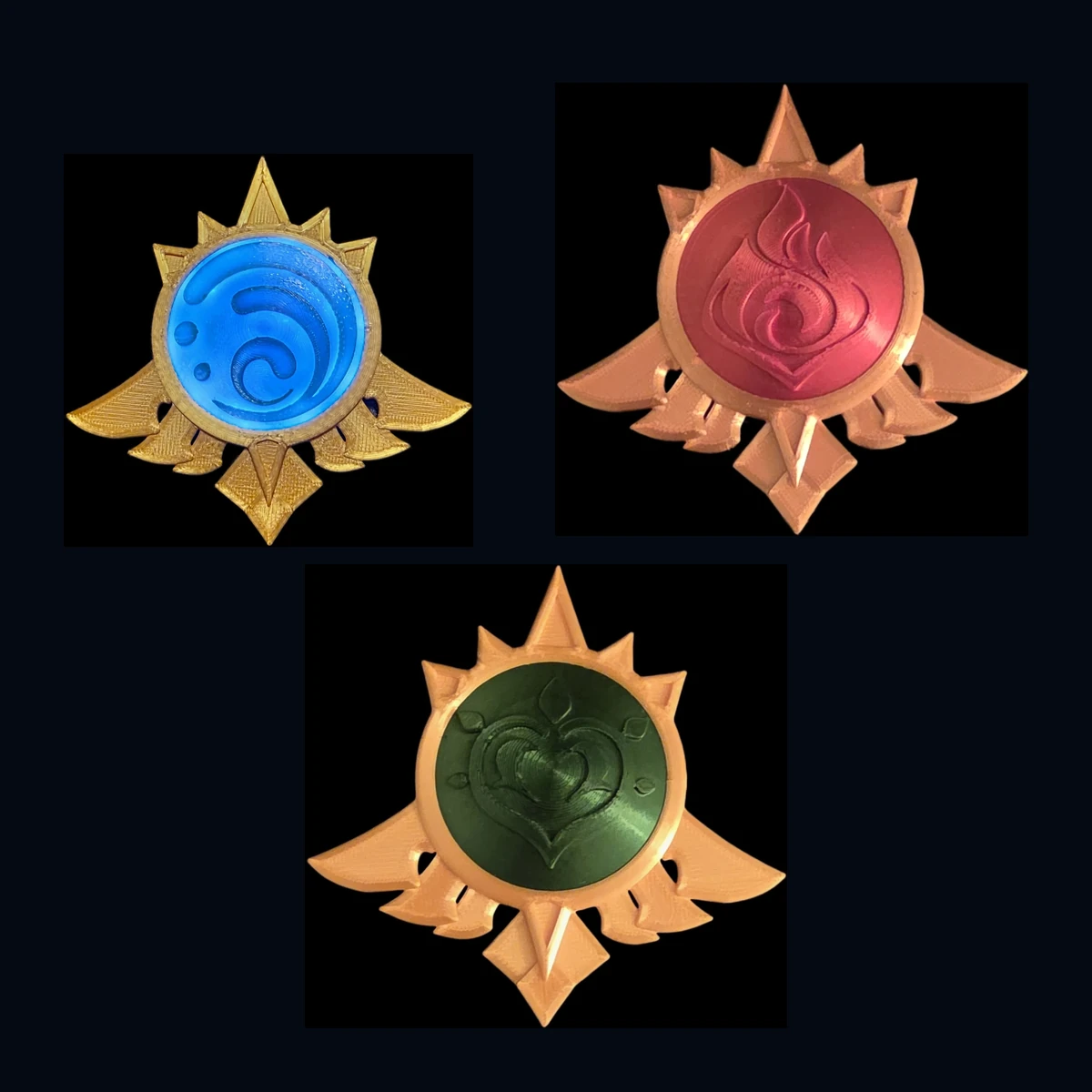 Blue, red and green LED element badges