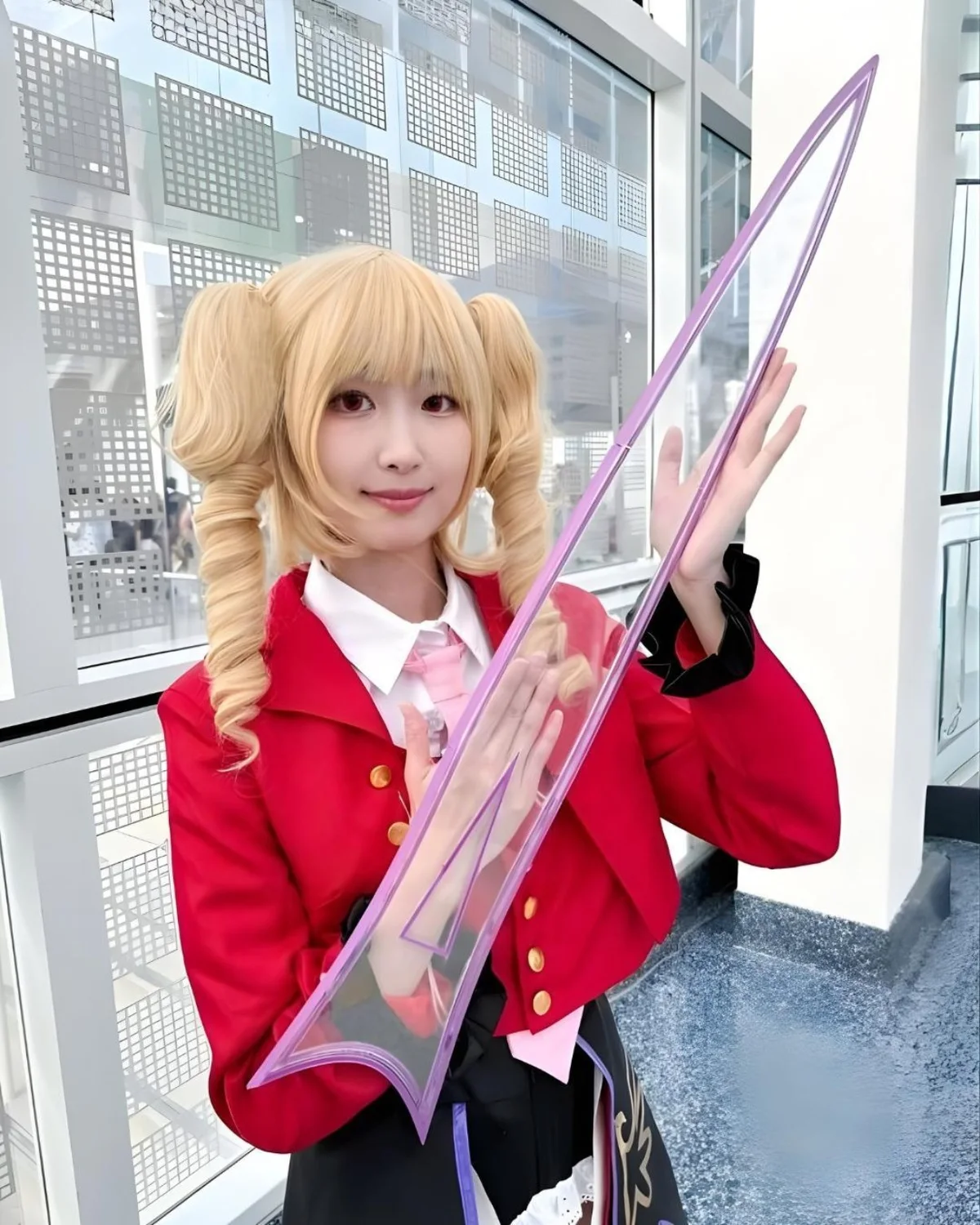 Custom transparent cosplay prop in a bright setting